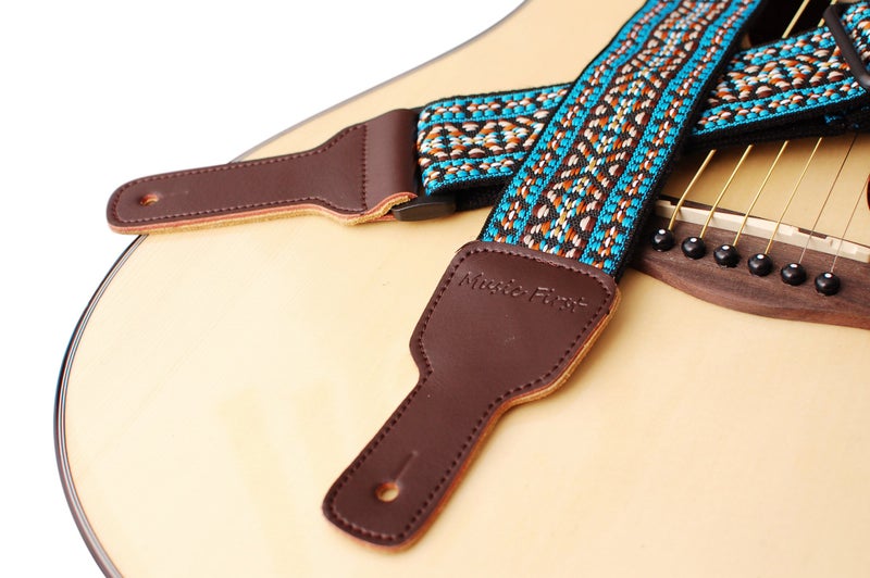MUSIC FIRST Original Design, 2 inch width (5cm), Colorful Meshbelt & Genuine Leather Delux Banjo Strap, With 2 pieces of MUSIC FIRST Leather Strap Locker. (Blue Country Style) - Image 5